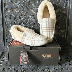 Lamo Aussie Moccasin Slippers Women’s Size 9 Cream Plaid Shearling Loafers NIB